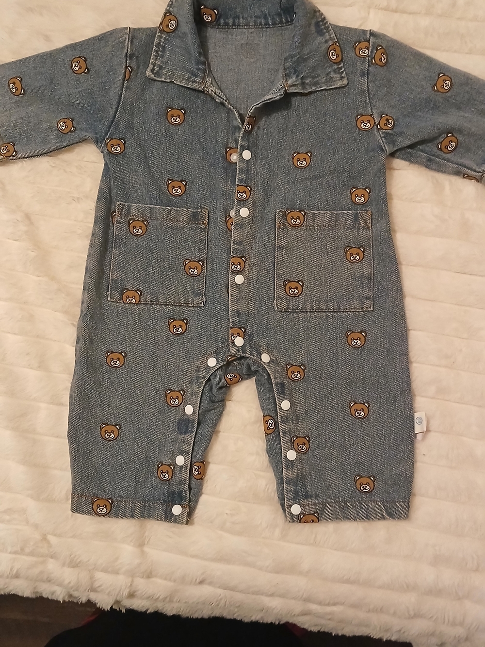 Denim Blue Baby Romper with Bear Print Size 3-6 Months EUC Cuteness